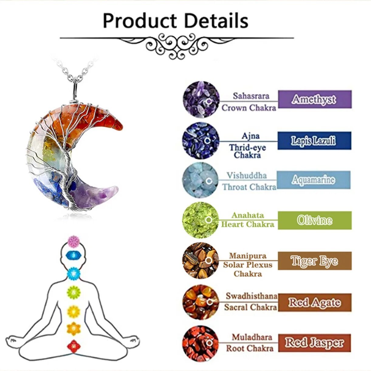 Fashion 7 Chakra Moon Pendant Energy Crystal Crescent Resin Gemstone Jewelry