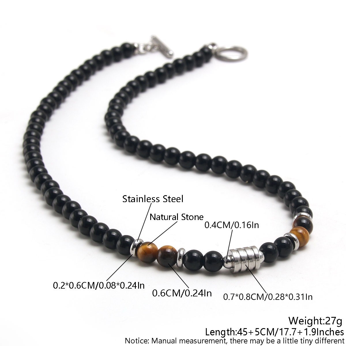 Mens Tiger Eye Black Beaded Necklace Stainless Steel OT Clasp Boho Healing Gift