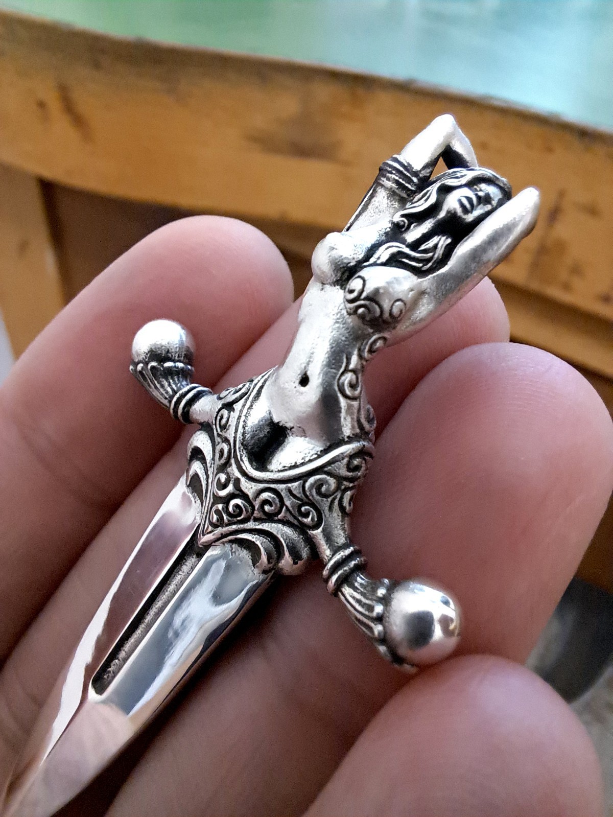 925 Sterling Silver Dagger Pendant – Gothic Fantasy Sword Female Figure Pendant
