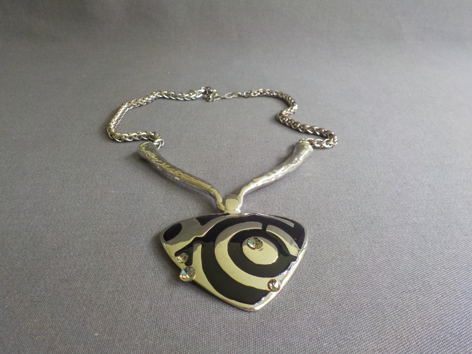 Triangle Necklace Clear Plastic Rhinestone Black Enamel Silver Tone Metal