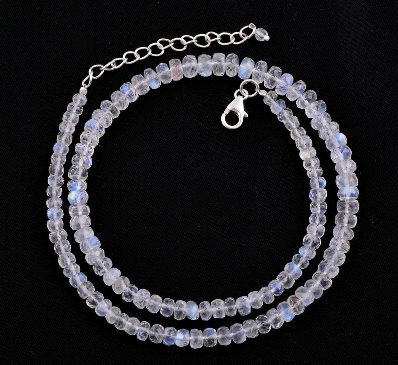 4MM Blue Flashy Moonstone Faceted Rondelle Gemstone Beaded Handmade Necklace 18″