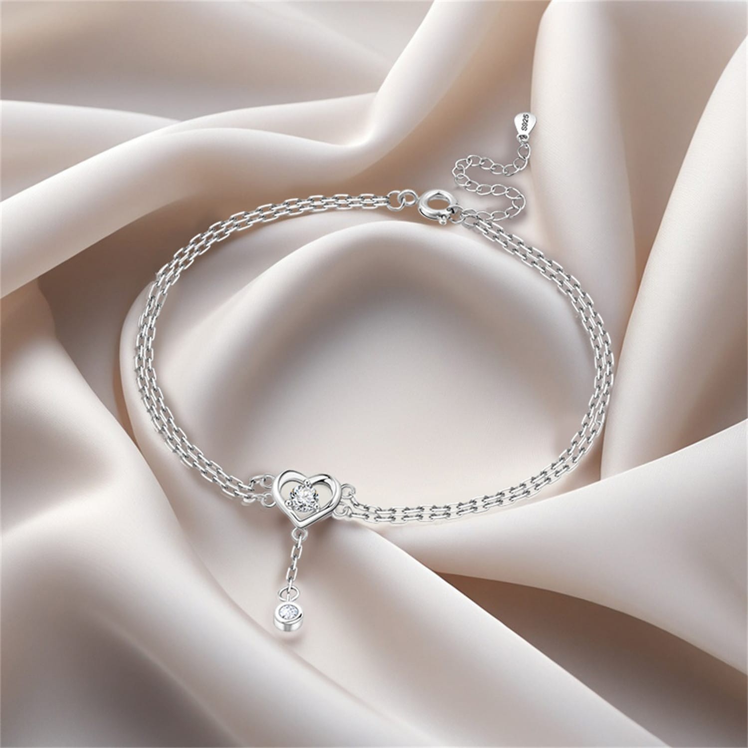 925 Sterling Silver Double Layer Hollow Heart Zircon Anklet Adjustable Jewelry