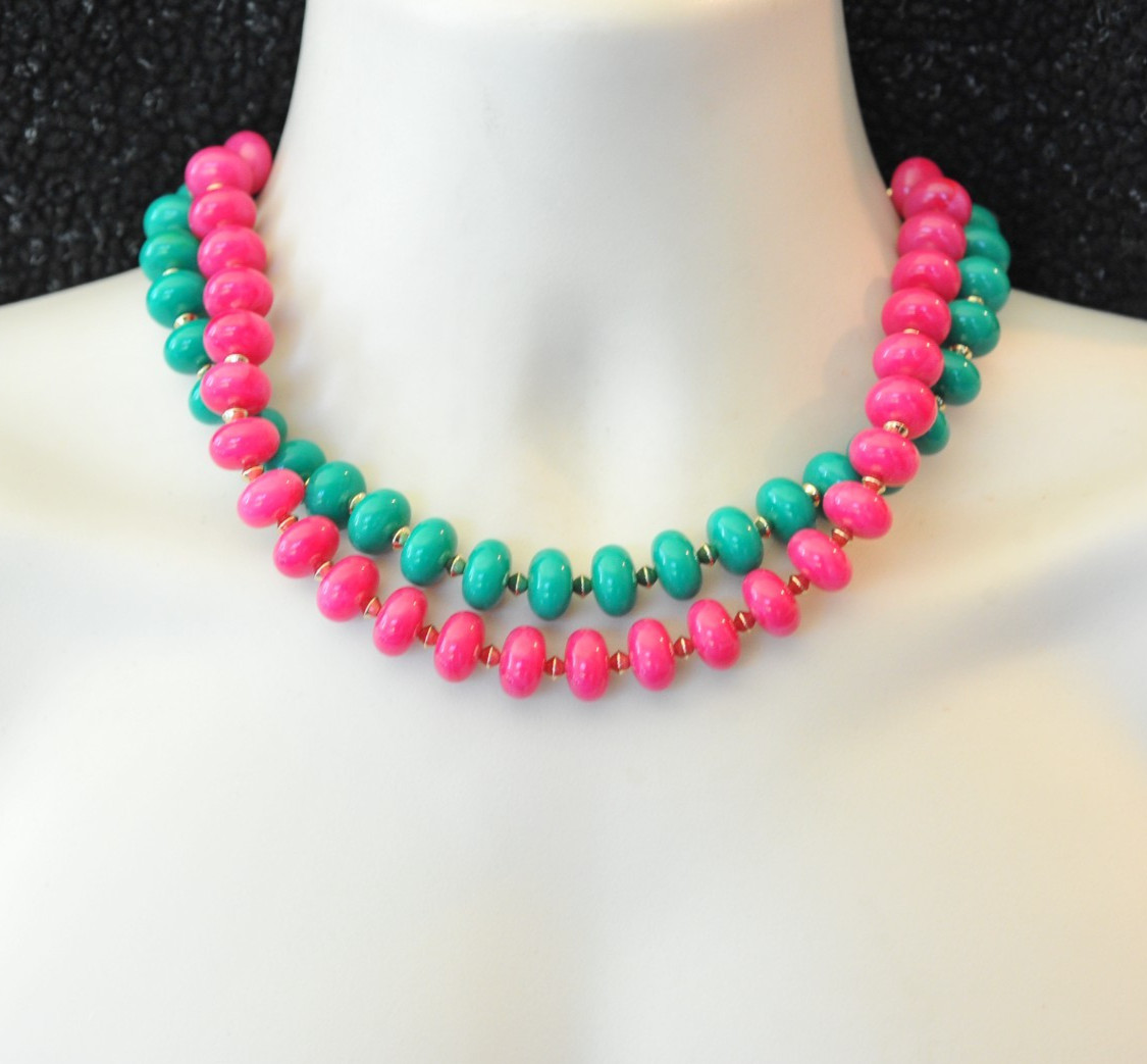 J. CREW Multi Strand Beaded Necklace statement LOT pink green 18″ XF10