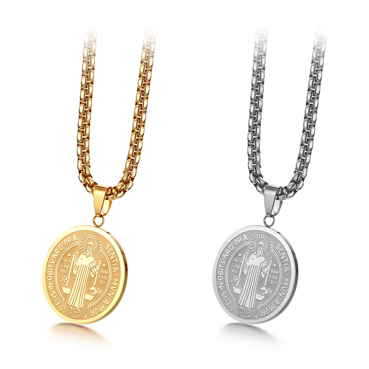 Men’s Stainless Steel Saint St. Benedict Oval Medal Pendant Necklace Chain 22”