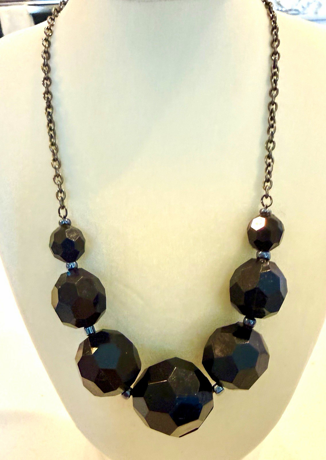 Black Faceted Glass Round Bead Statement Necklace, Metal Cable Chain