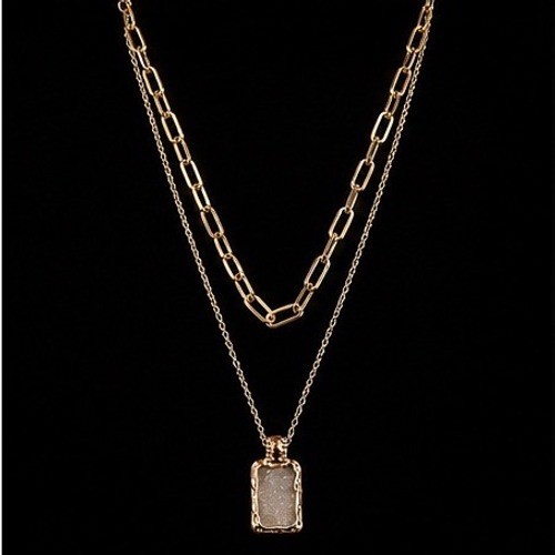 Layered Necklace Polished Gold Paperclip Cable Chain Crystal Rectangular Druzy