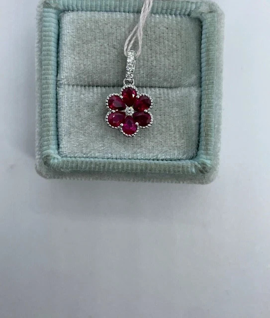 1.50Ct Pear Cut Lab-Created Red Ruby Flower Pendant 14K White Gold Silver Plated