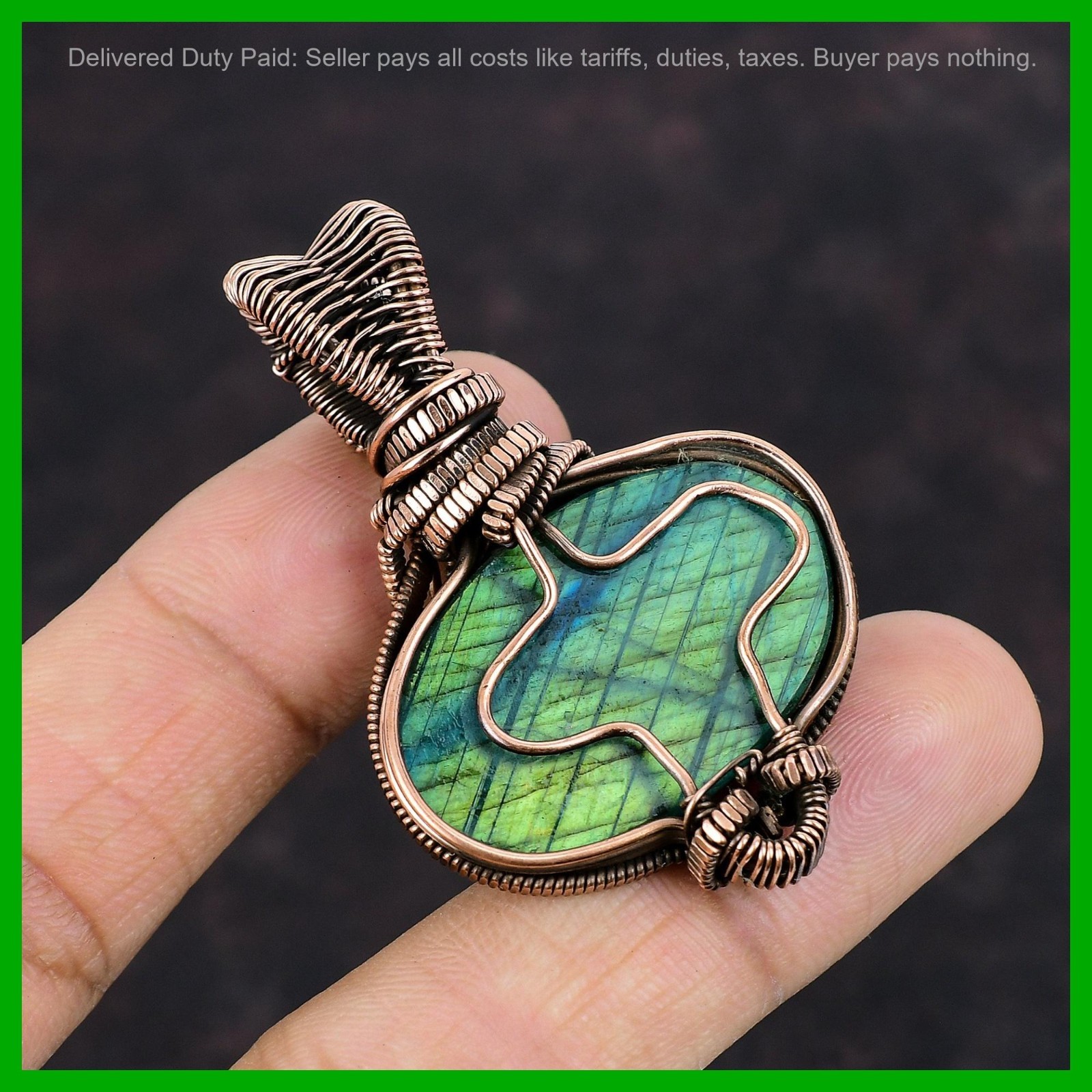 Natural Dark Green Fire Labradorite Rainbow Moonstone New Pendant Jewelry Copper