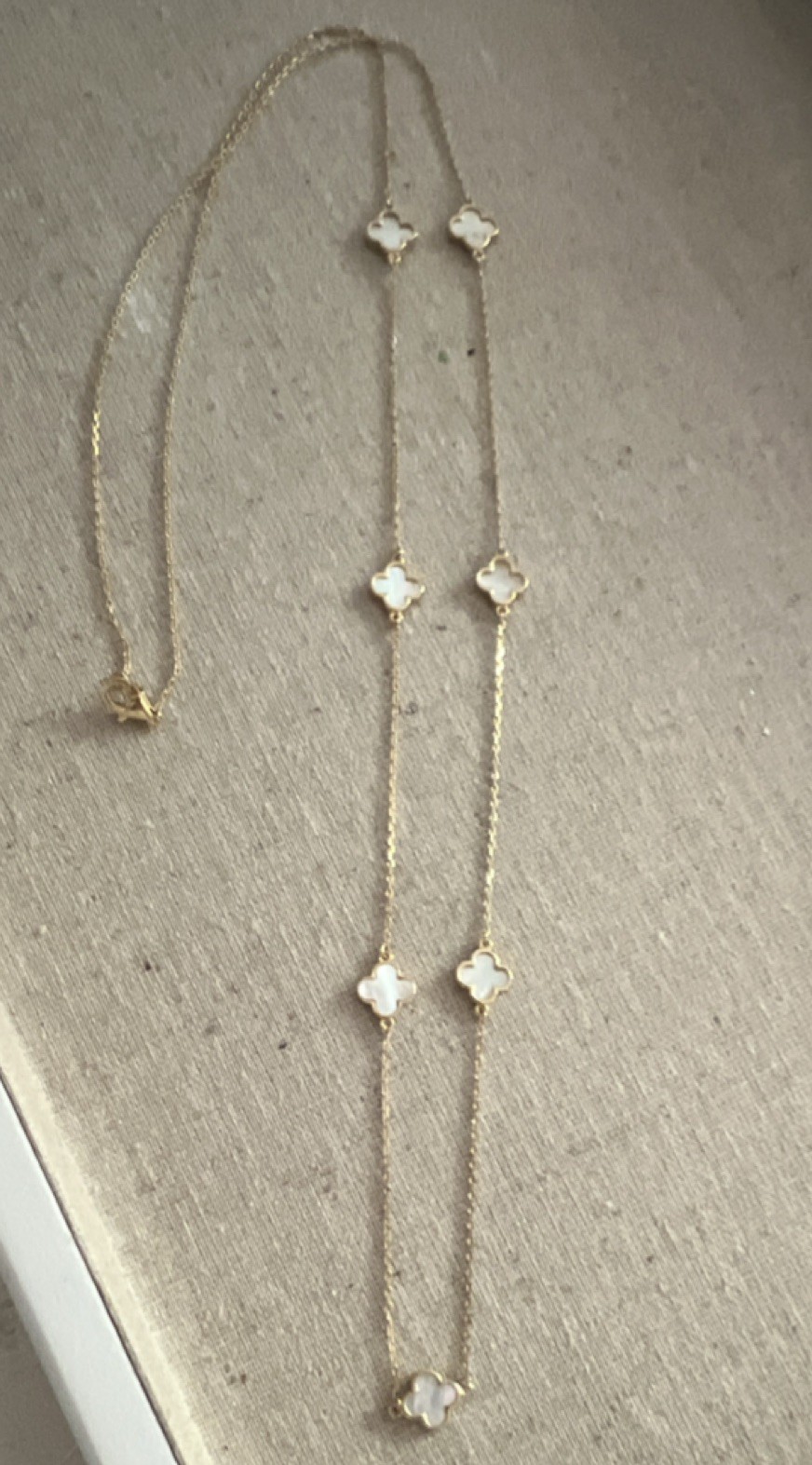 Stamped EHC925 gold plated long sterling mother of pearl flower necklace 29”