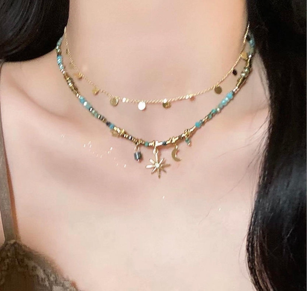 Vintage Bead Stacked Women’s Bohemian Sunflower Star Moon Pendant Necklace Gift