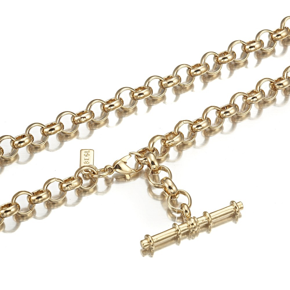 18K GL Solid Rolo Belcher Chain Yellow Gold Necklace with Antique Style T Bar