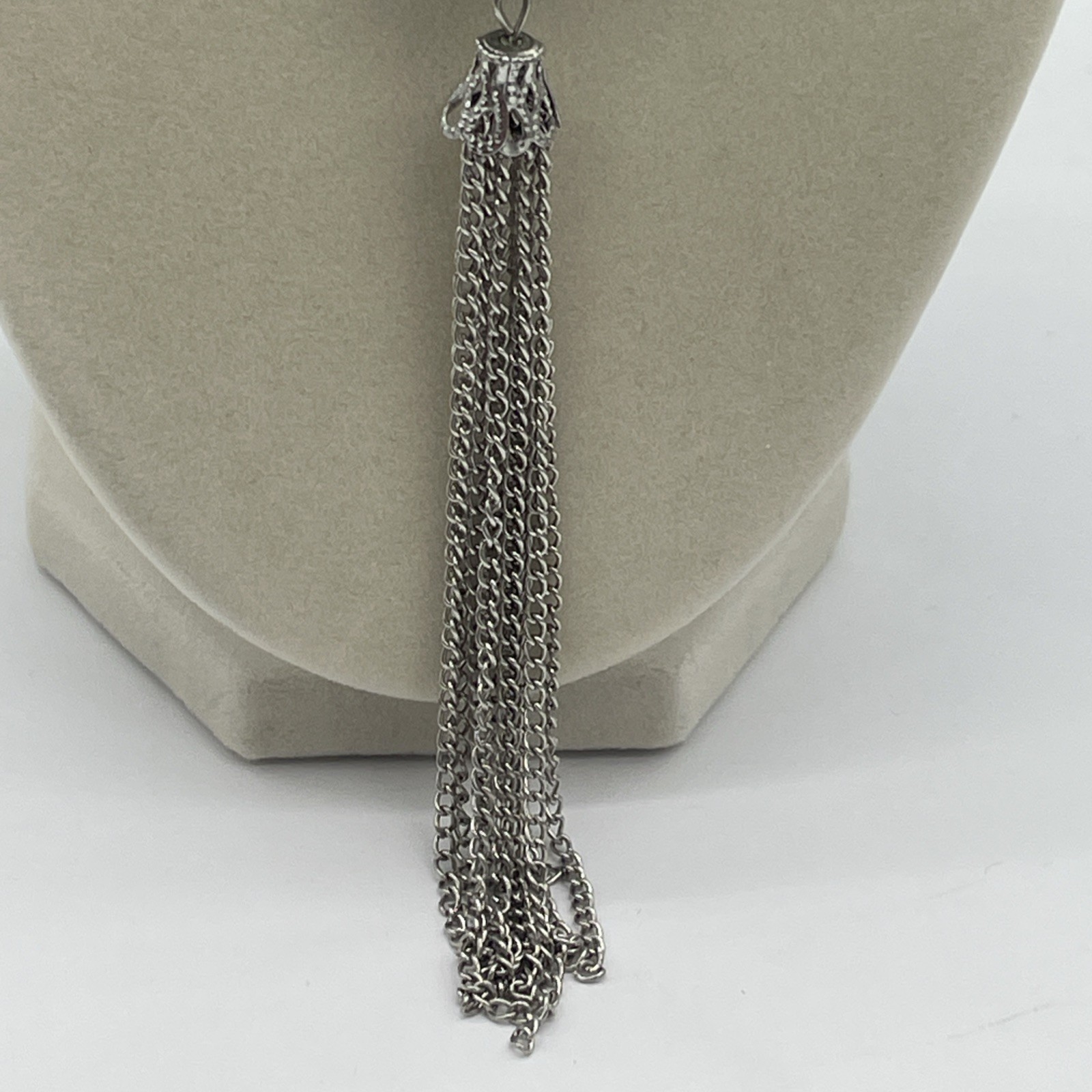 Unbranded Silver Tone Cable Chain Necklace With Blue Metallic Pendant & Tassels