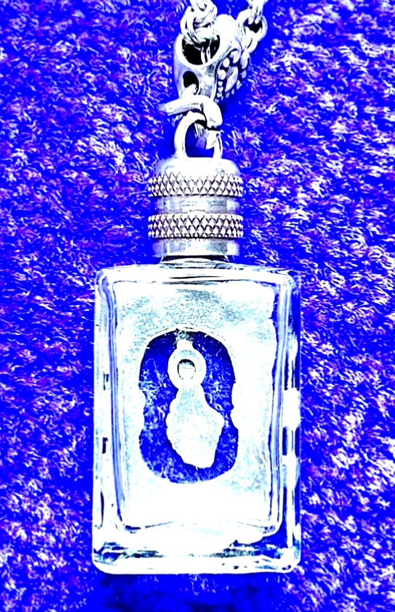 BRIGHTON GLASS PERFUME BOTTLE+SILVER MOON+SCROLLWORK LONG NECKLACE VG✨VTG✨HTF