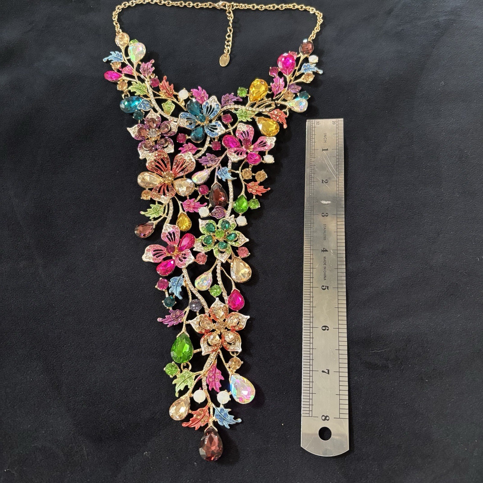 Christian Siriano Multicolor Floral Rhinestone Waterfall Bib Statement Necklace