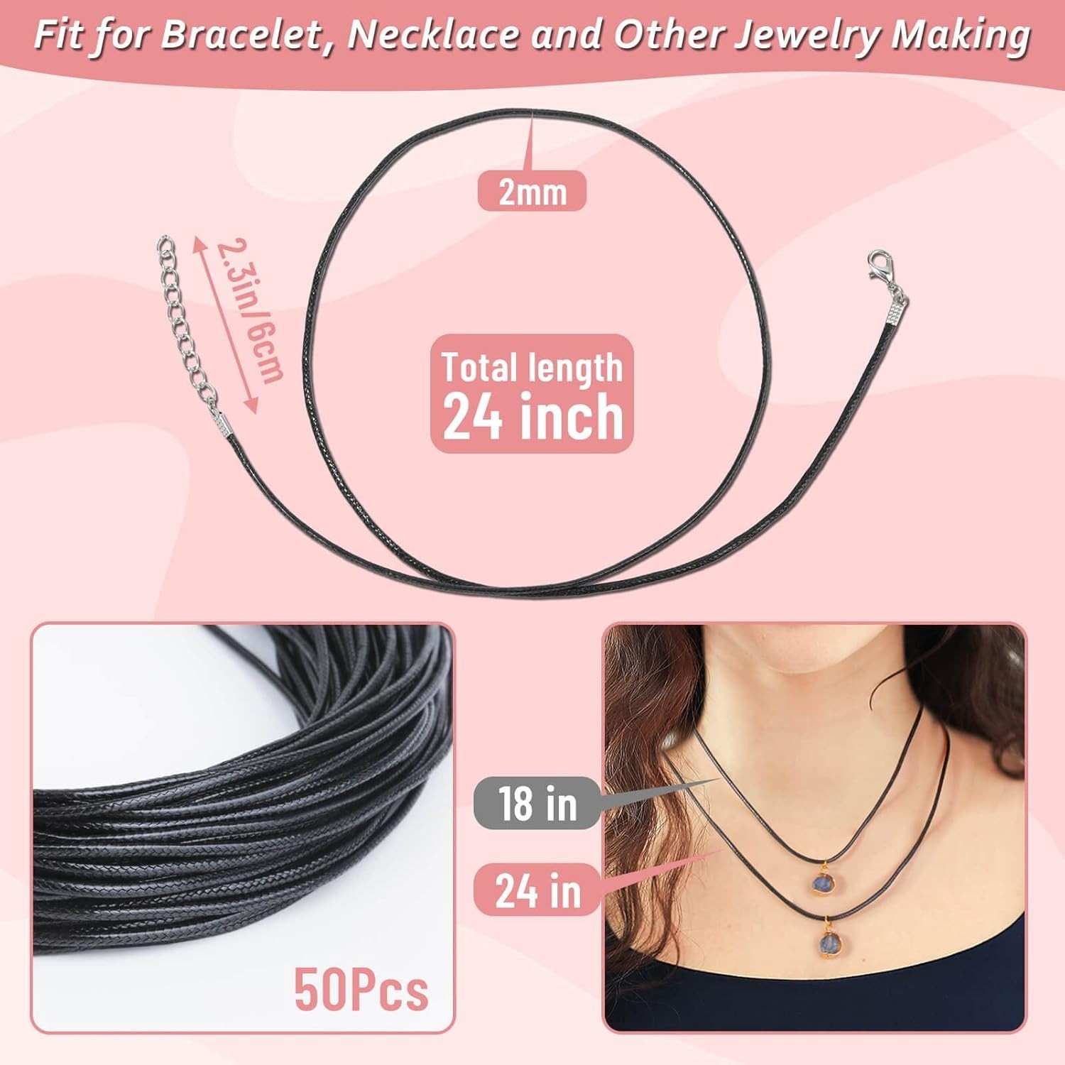 Necklace Cord, 50Pcs Black Necklace String Rope with Clasp, 24 Inch Black Waxed
