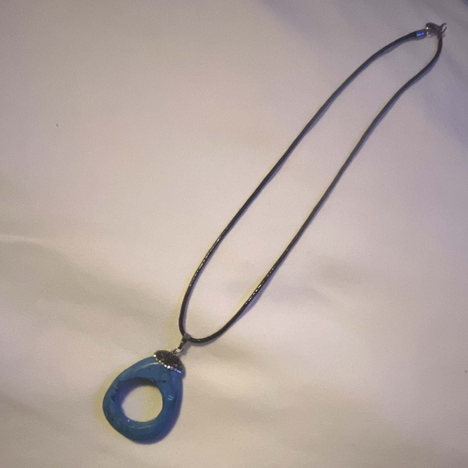Blue Glass Teardrop Pendant Necklace on Black Cord Chain, Lobster Closure