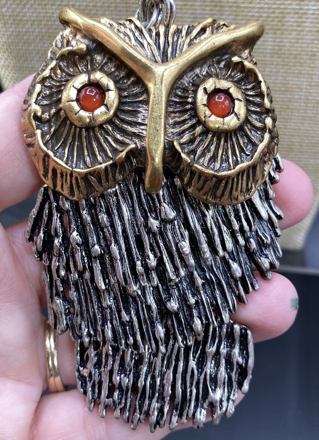 Lucky Brand Owl Necklace Huge Metal 26” Chain Lobster Claw Statement Pc 3.75”