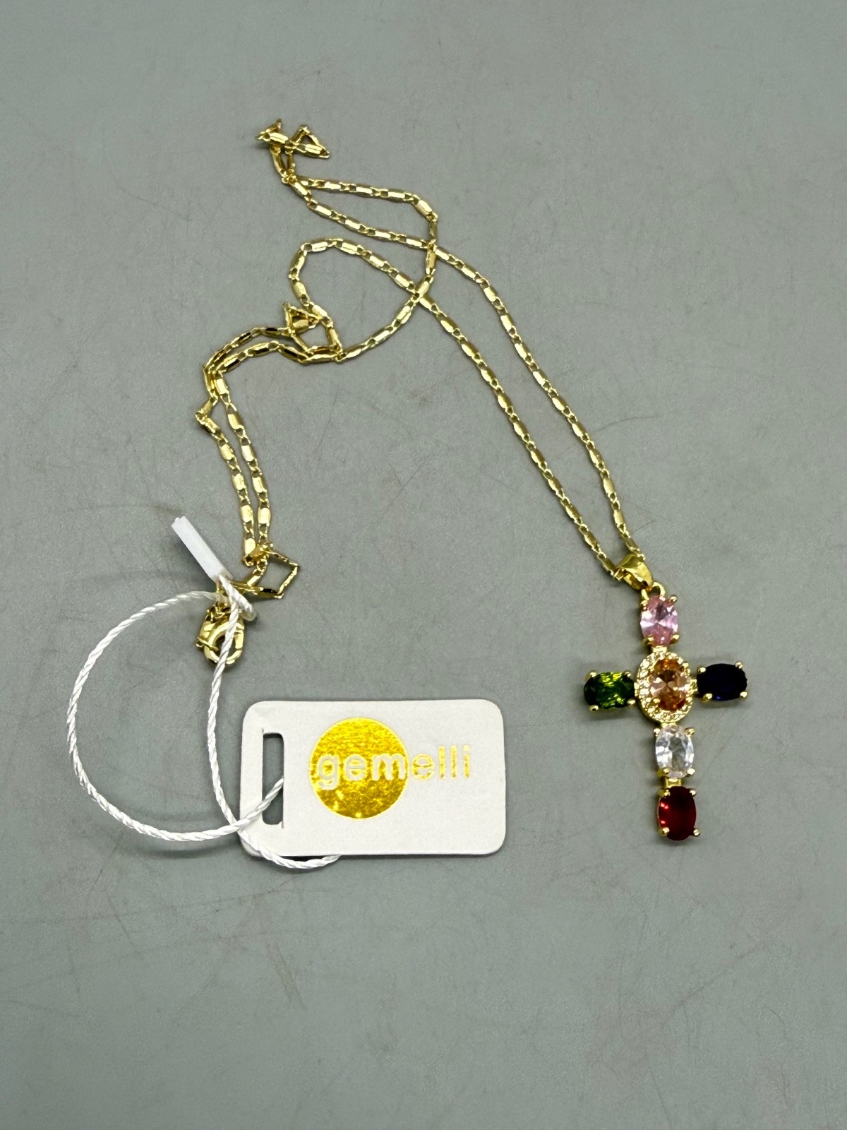 Gold tone metal colorful glass crystals 16″ + CROSS Charm Necklace New Gemelli