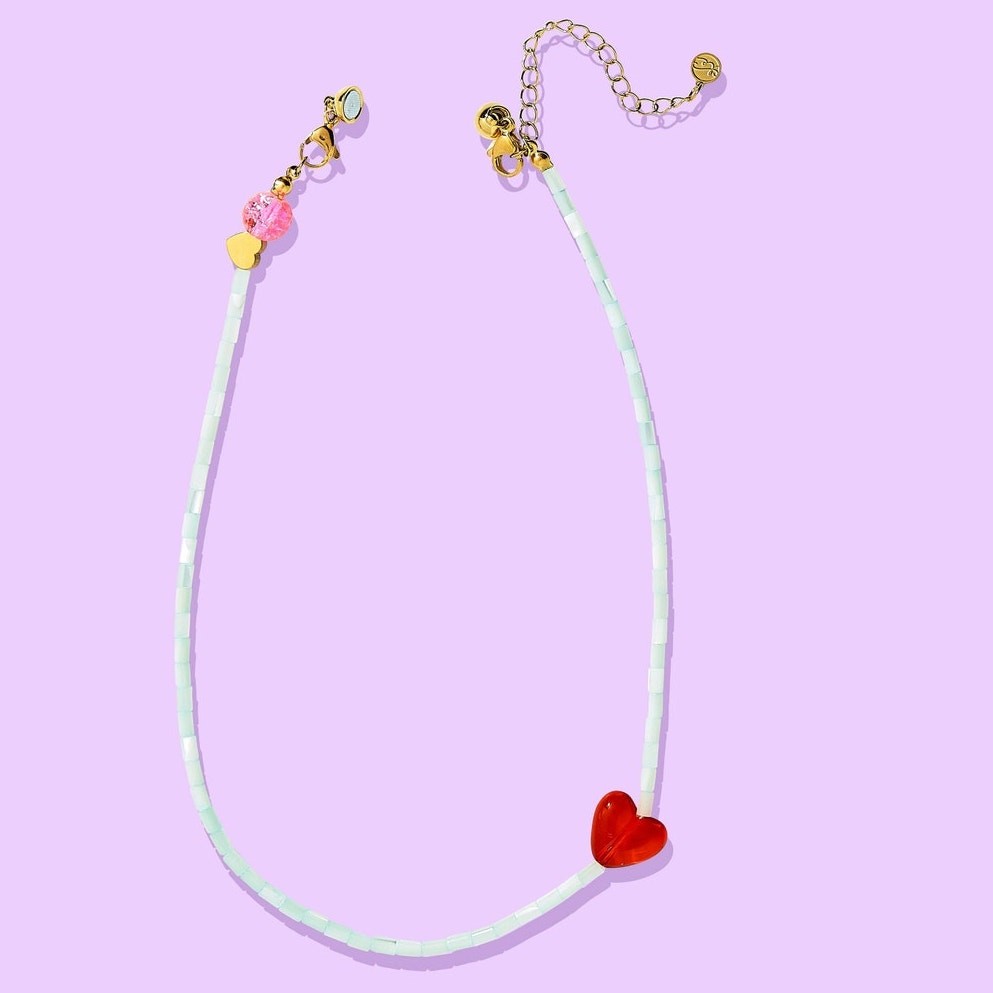 Blue Shell Bead Necklace with Red Glass Heart Charm — Amore
