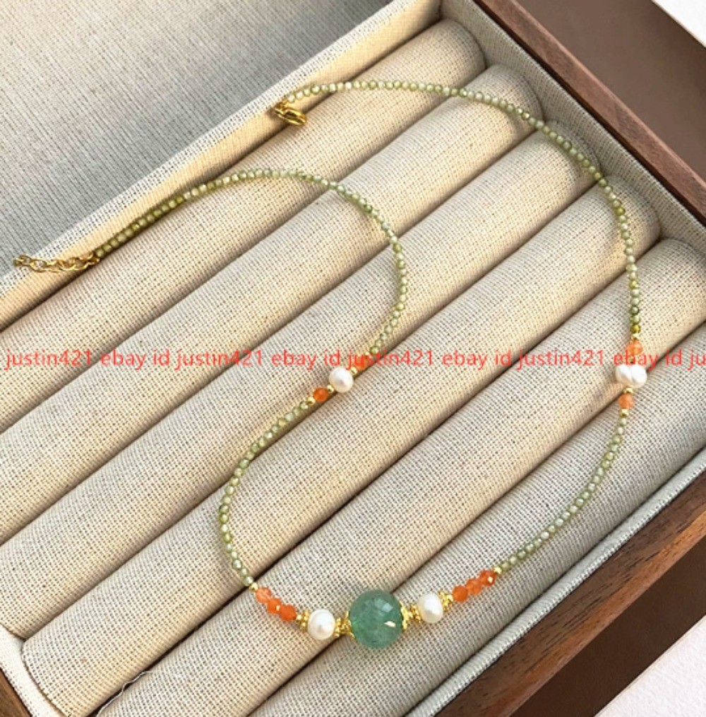 Green Zircon Freshwater Real Pearl Transport Bead Pendant Necklace 38.5cm+5cm
