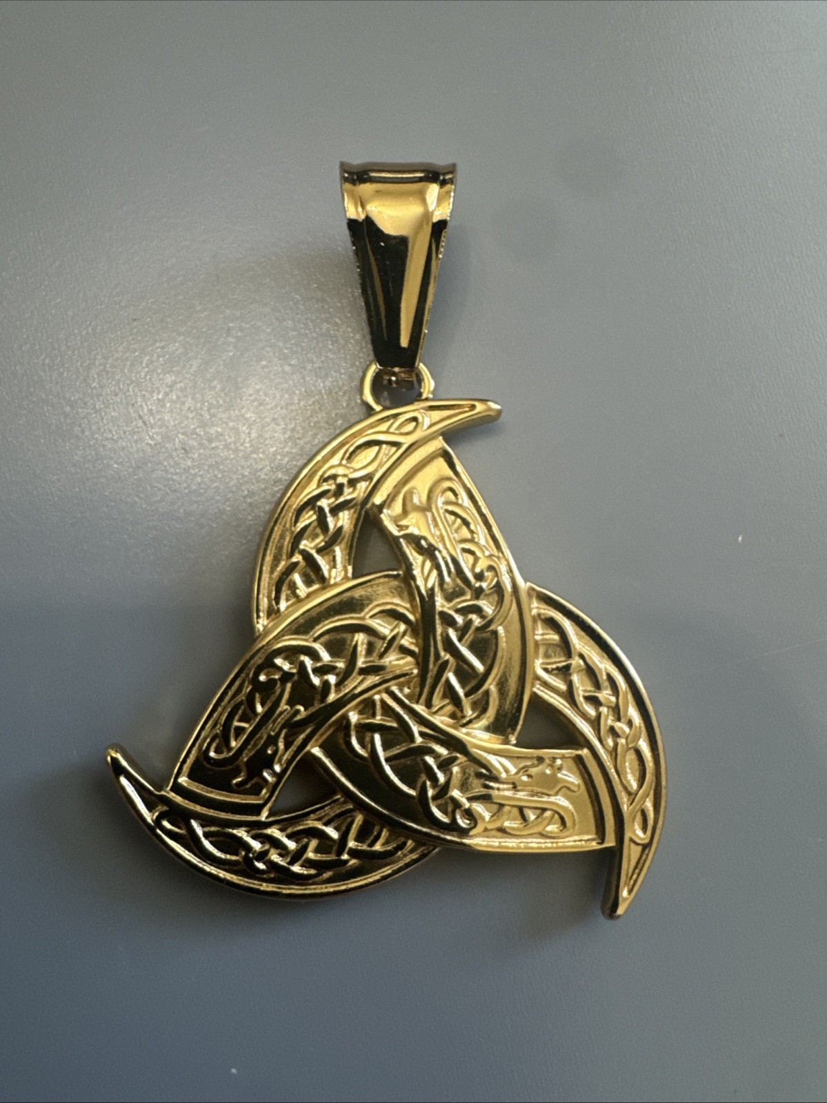 Trinity Triple Crescent Moon Pendant Stainless Steel Pagan 24” Chain Gold Plated