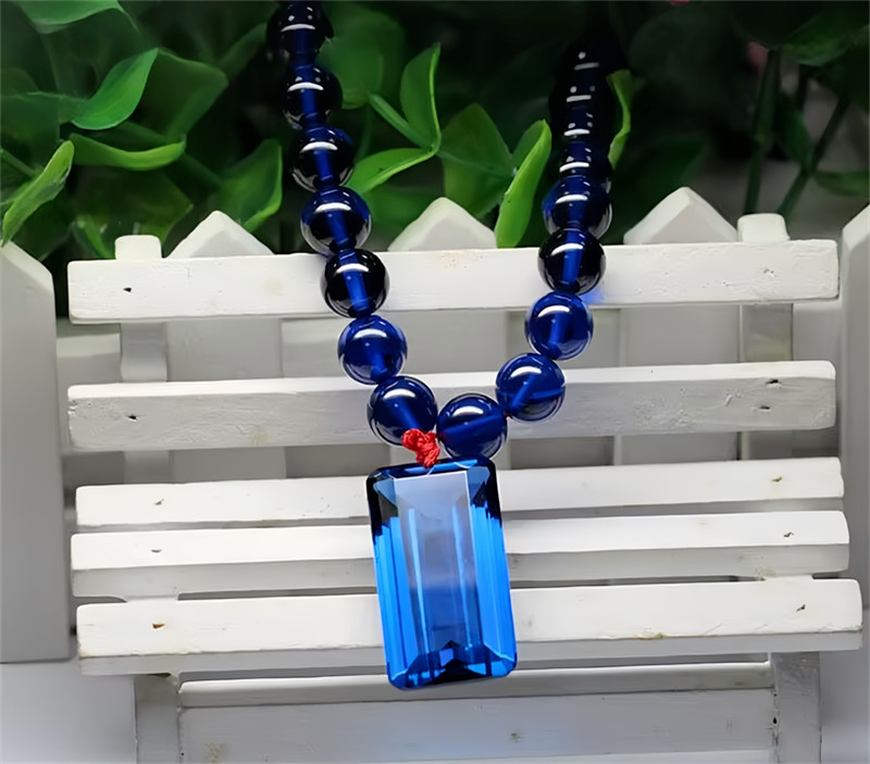 Round Bead Blue Sapphire Necklace Lab-Created Emerald Cut Spinel Gems Pendant