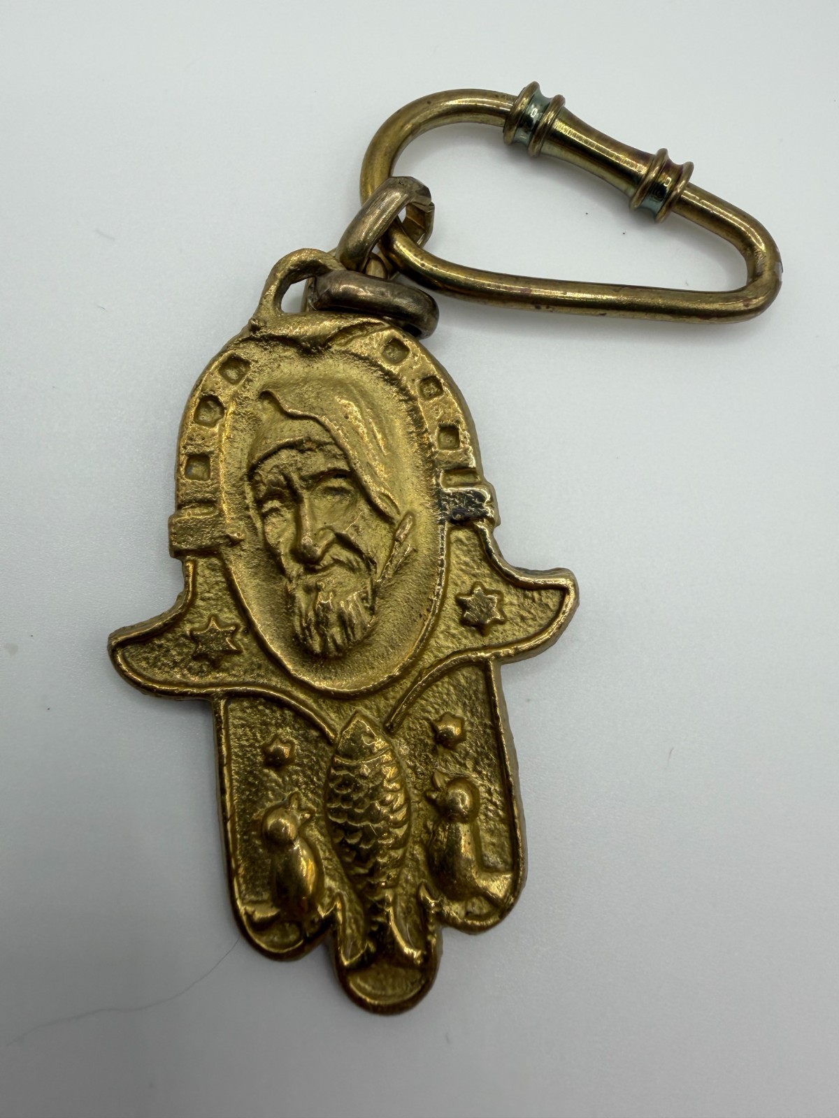 Vintage Brass Hamsa Penant Image Baba Sali-Revered Moroccan-Israeli Rabbi