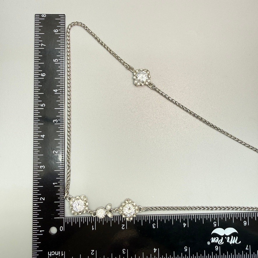Silver Tone Asymmetrical Station Necklace 24″ Clear Rhinestone Whimsical Quality