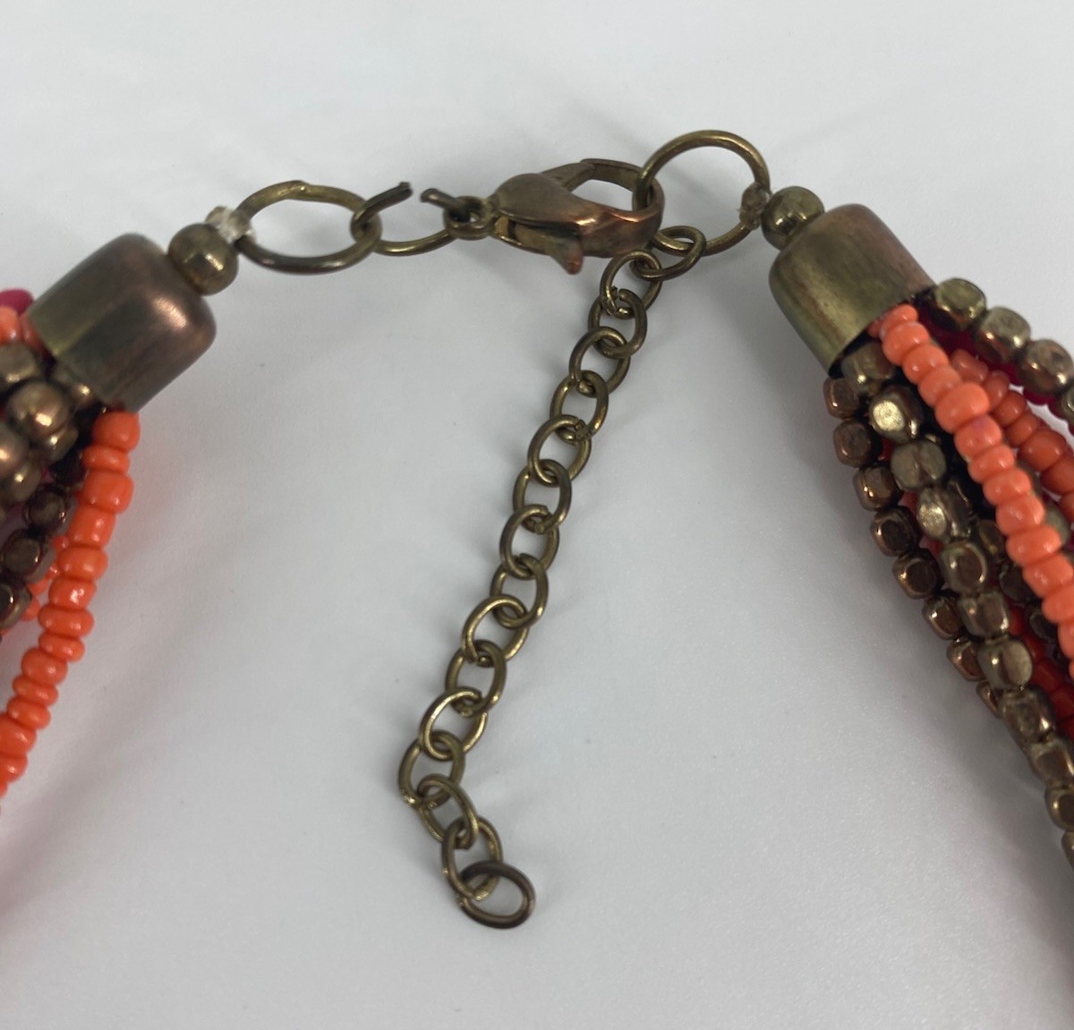 Layered Beaded Glass Metal Necklace Orange Bronze Red Adjustable Lobster Closure
