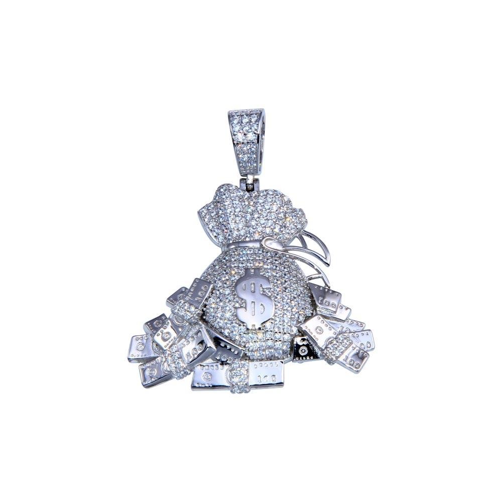 Rhodium Plated 925 Sterling Silver CZ Cash Money $ Baller Bag Rich Bills Pendant
