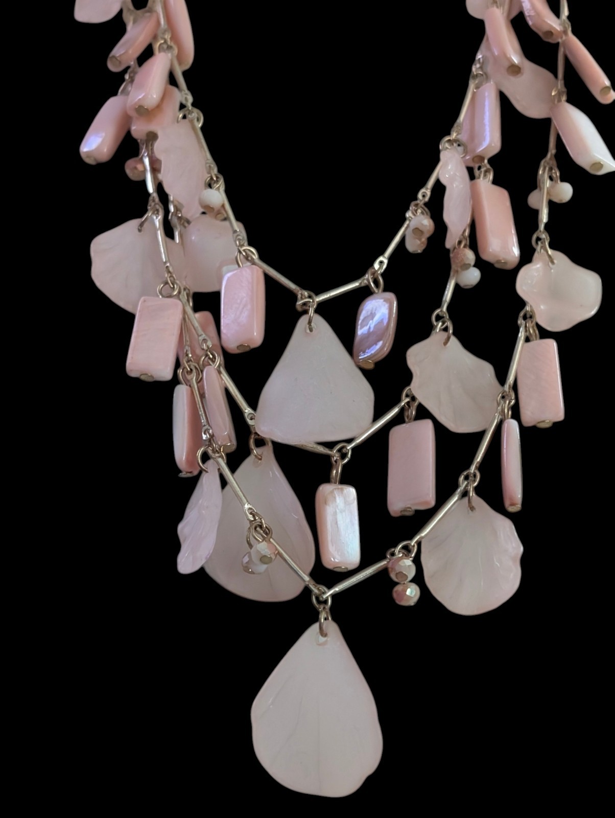 Multi Strand Pink Petal Shell Cascade Necklace Gold Tone Layered Waterfall Bib
