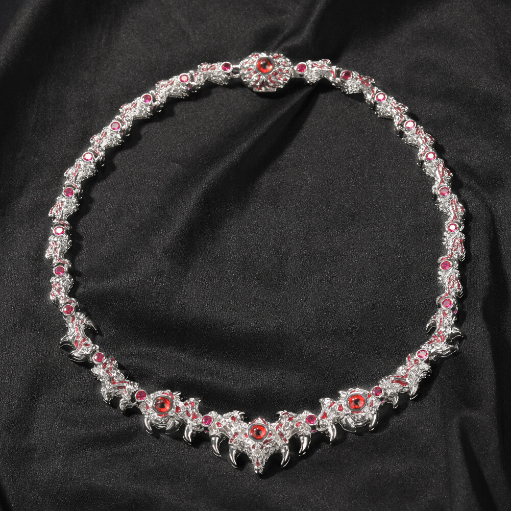 18″ Red Eyes Spikes Iced CZ Out Chain Choker Silver Necklace For Men Hip Hop