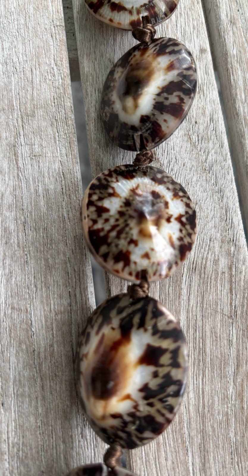 Brown White Natural Shell Beaded Statement Necklace Adjustable Ribbon Tie