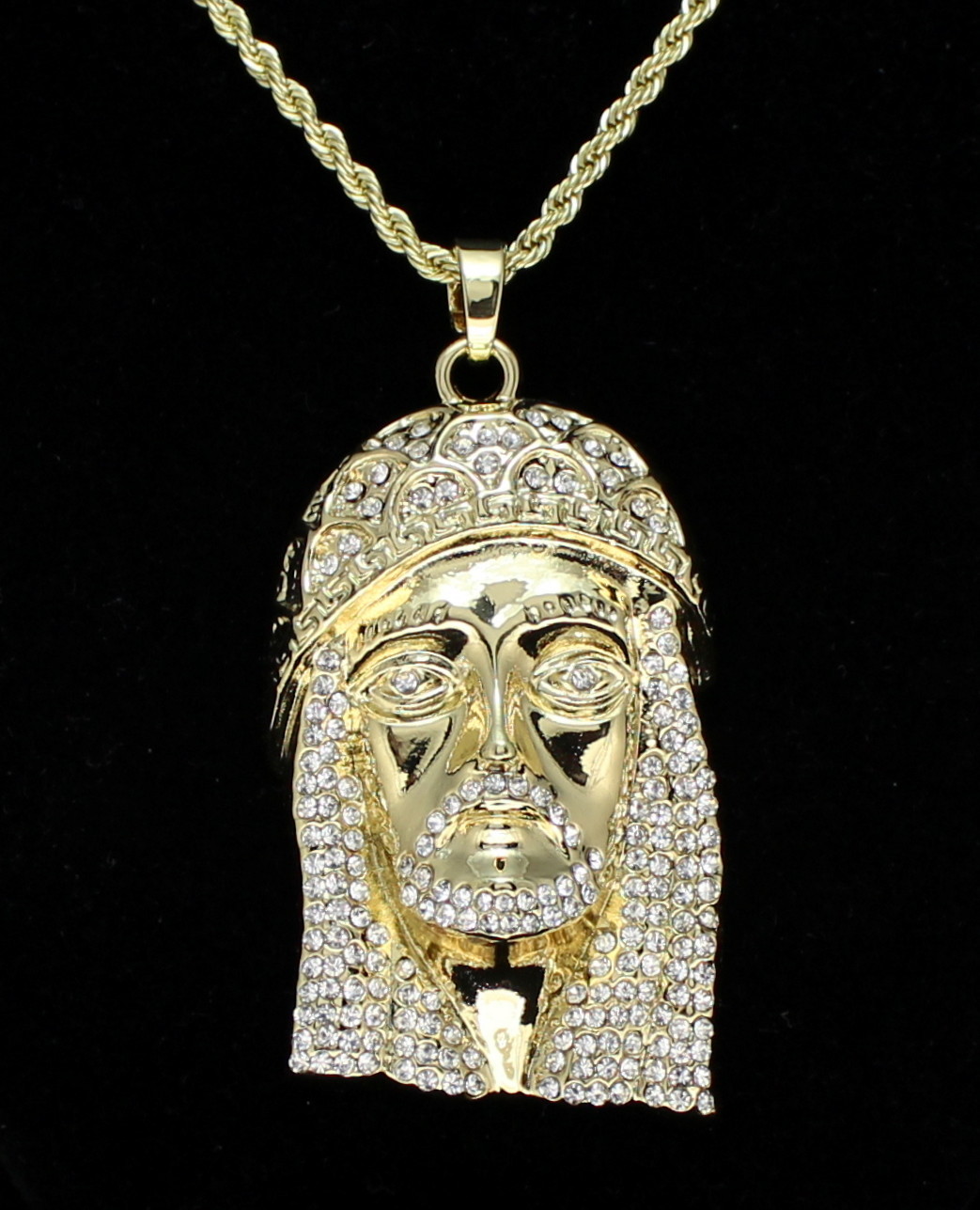 14k Gold Plated Large Iced Jesus Piece Cz Pendant 24″ Rope Chain Necklace