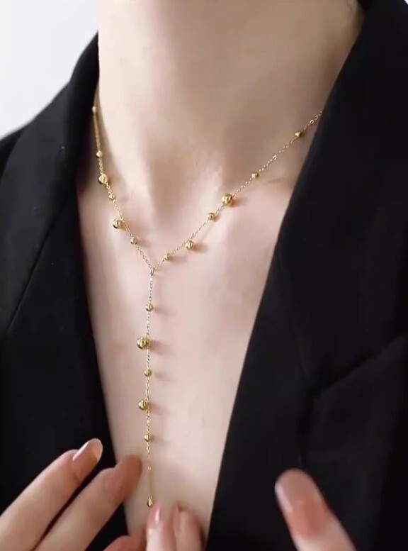 Titanium Gold Ball Tassel Drop Beads Y-Drop Pendant Long Chain Necklace