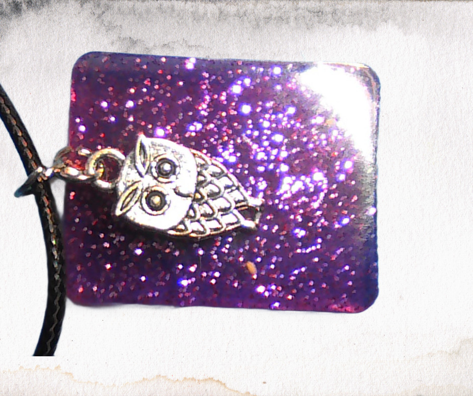 Handmade Owl Resin Pendant Necklace Glitter Silver Charm Black Cord 18″ Gift