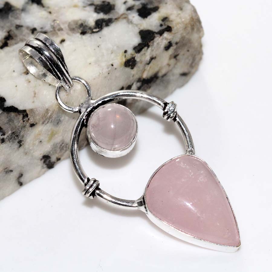 925 Silver Plated Long Rose Quartz Pendant 1.8″ Gemstone Jewellery Trendy JW