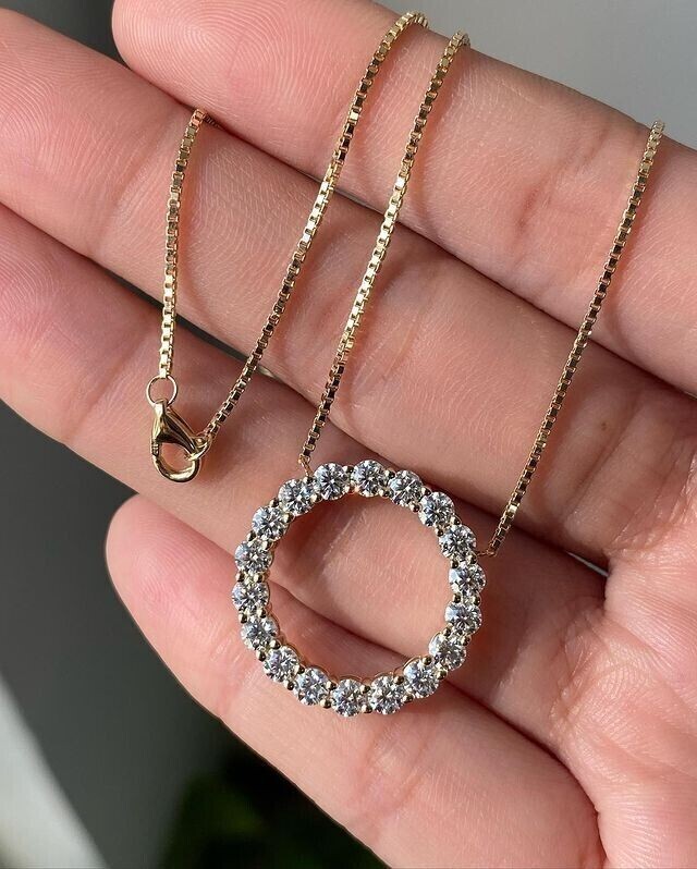 2CT Round Simulated Diamond Circle Pendant Necklace W/18”14K Yellow Gold Plated