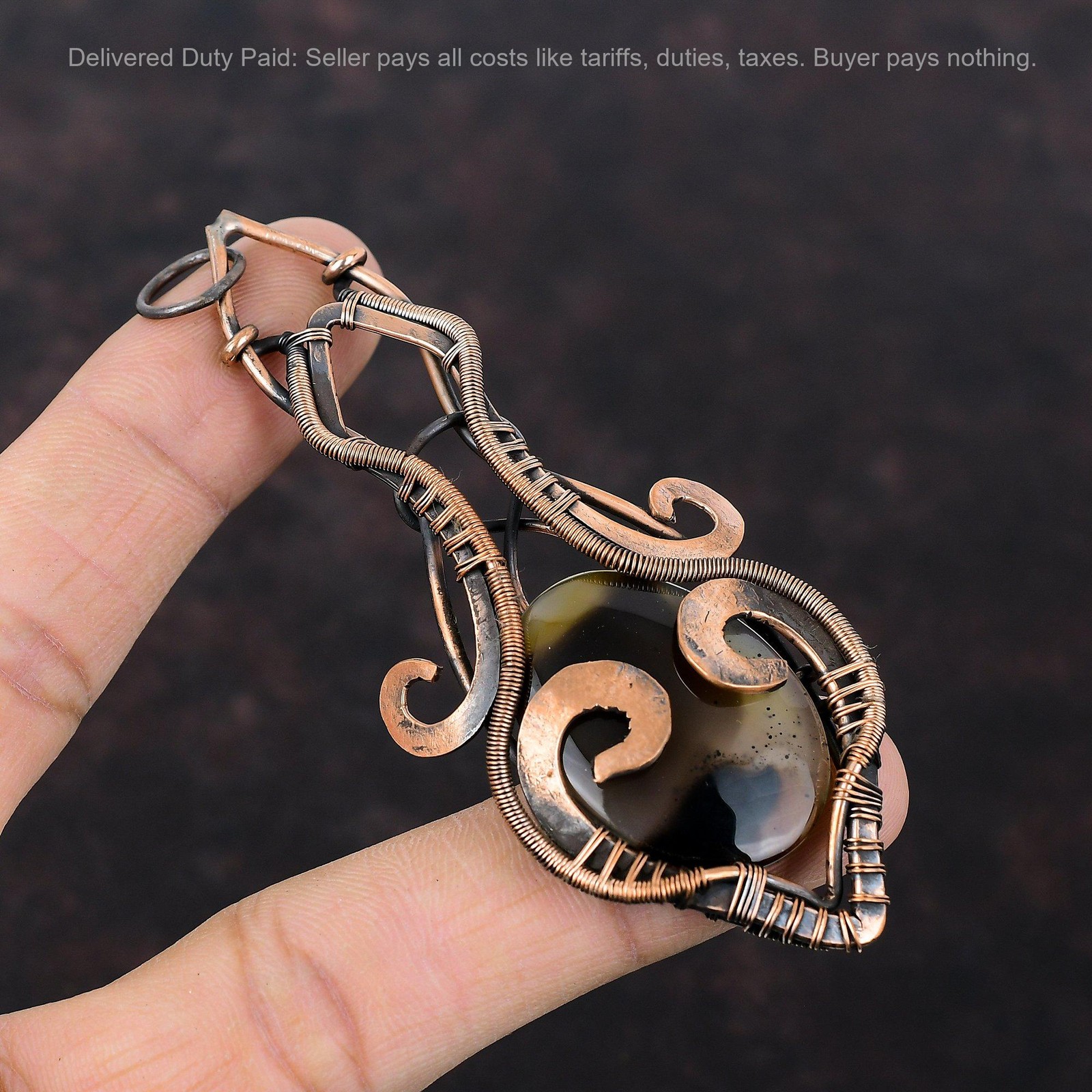 Copper Oval Natural Montana Agate Birthday New Wire Wrapped Boho Pendant Jewelry