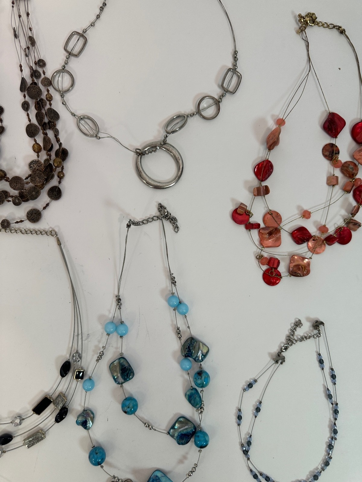 12 Wire Beaded Necklaces Bulk Lot Costume Resale Wearable Shell Metal Plastic