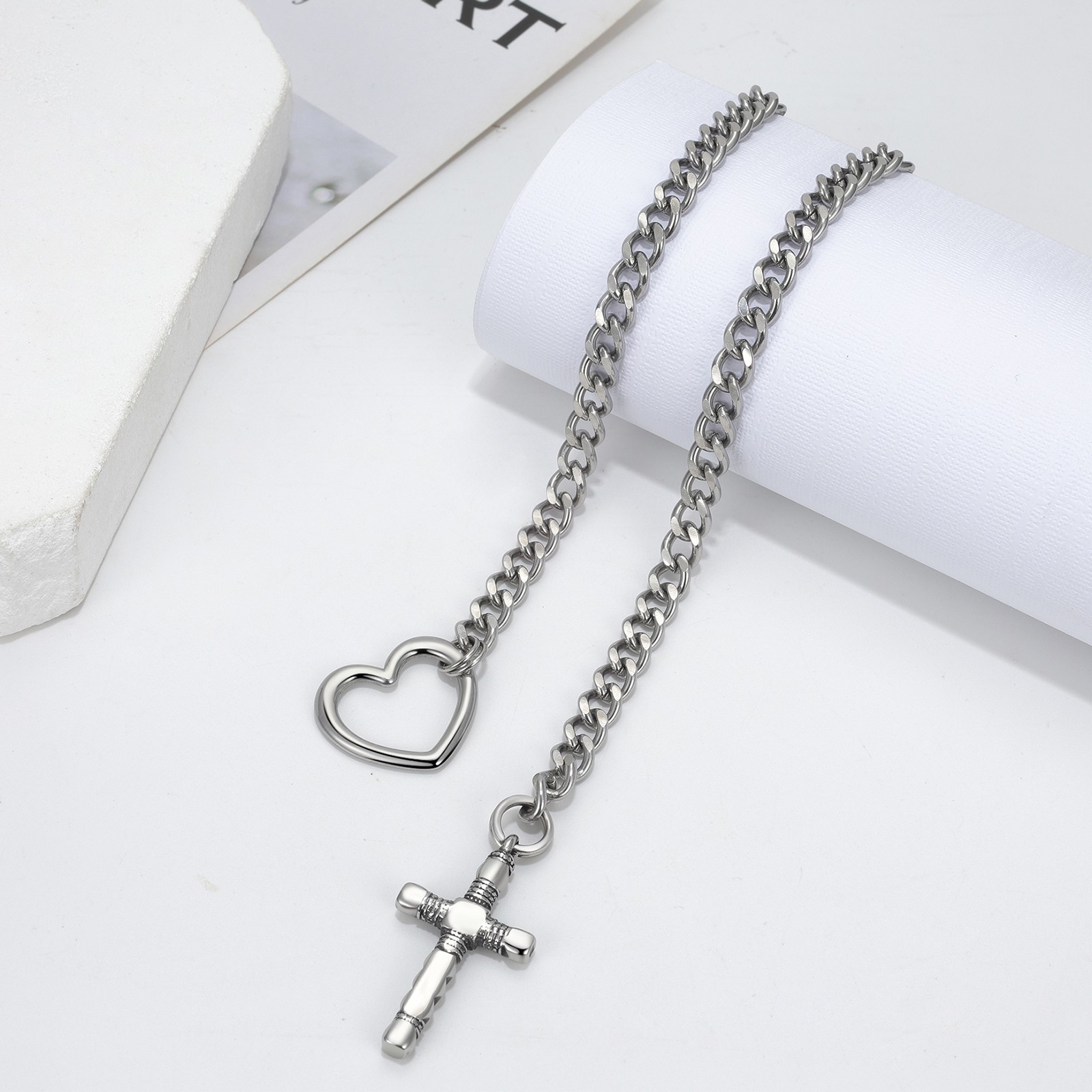 Men Women Cross Pendant Lariat Necklace Stainless Steel Adjustable Silding Chian
