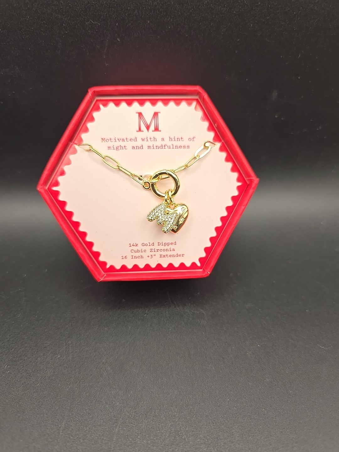 14K Gold Dipped Cubic Zirconia Puffy Heart Charm M Initial Necklace – A New Day™