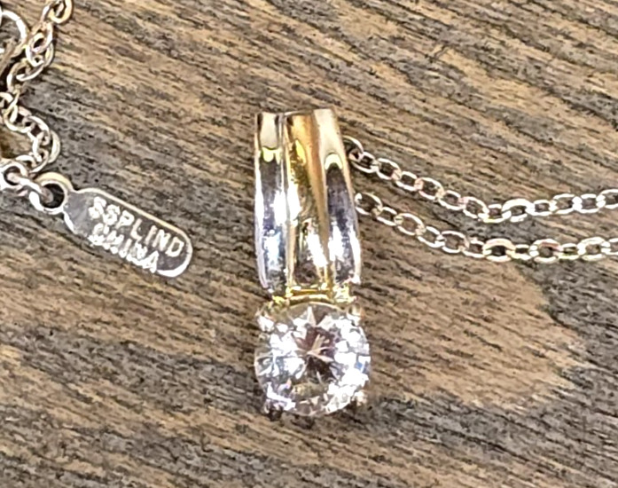 SP Lind Silver Tone Chain Necklace w 2-tone Modern Solitaire CZ Pendant