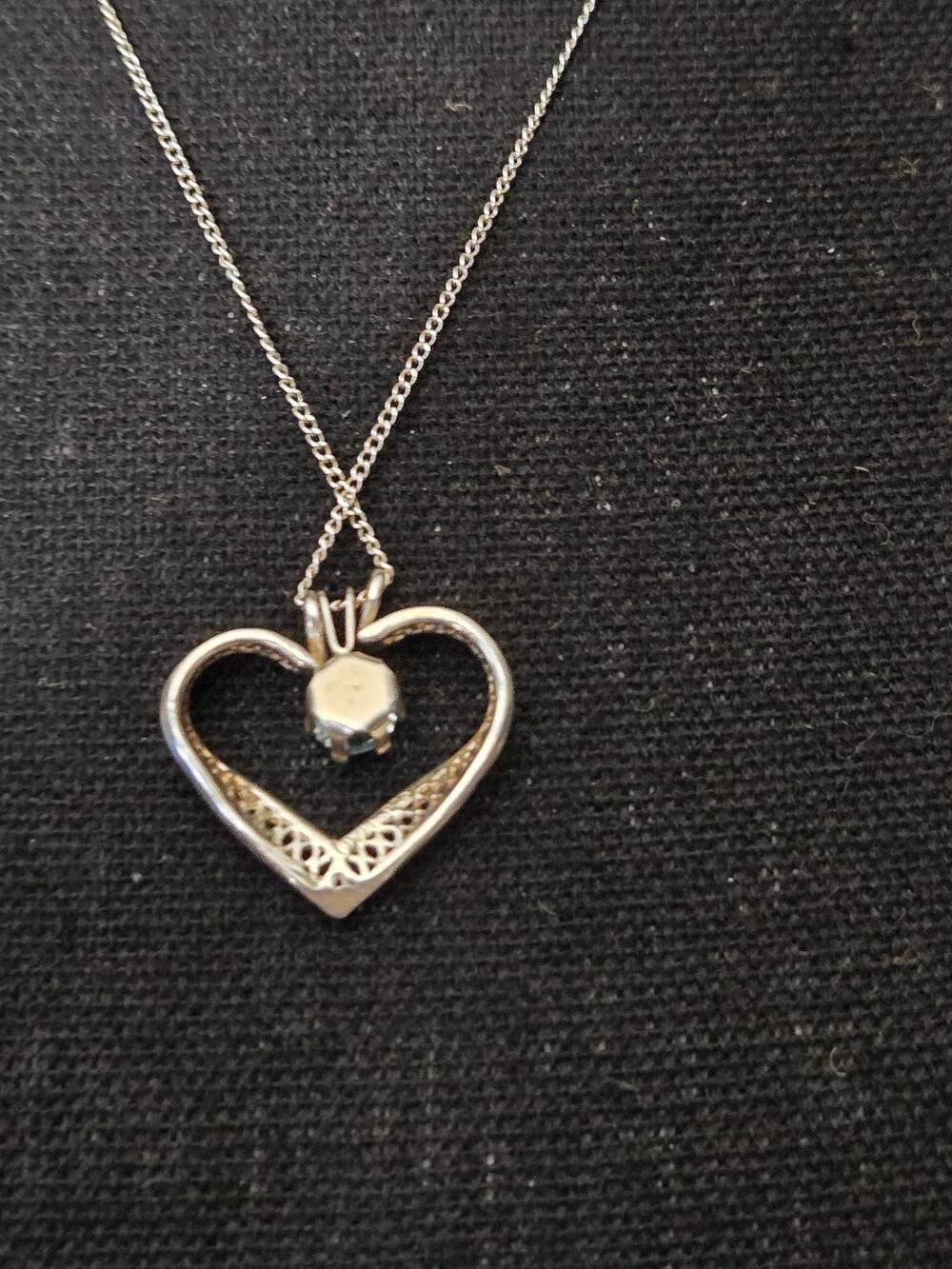 Silver Tone Filigree Heart Necklace with Blue Solitaire Stone untested