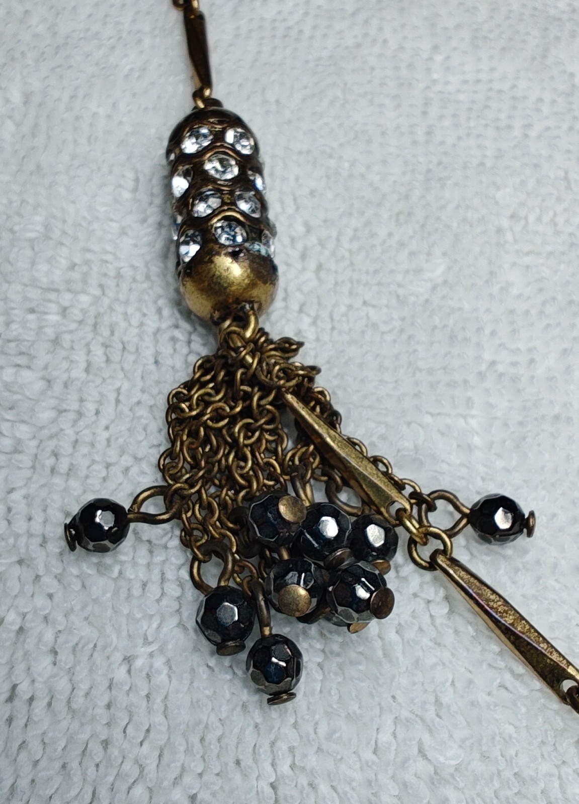 J Crew Brass Link Chain Necklace Clear Crystal Tassel Necklace