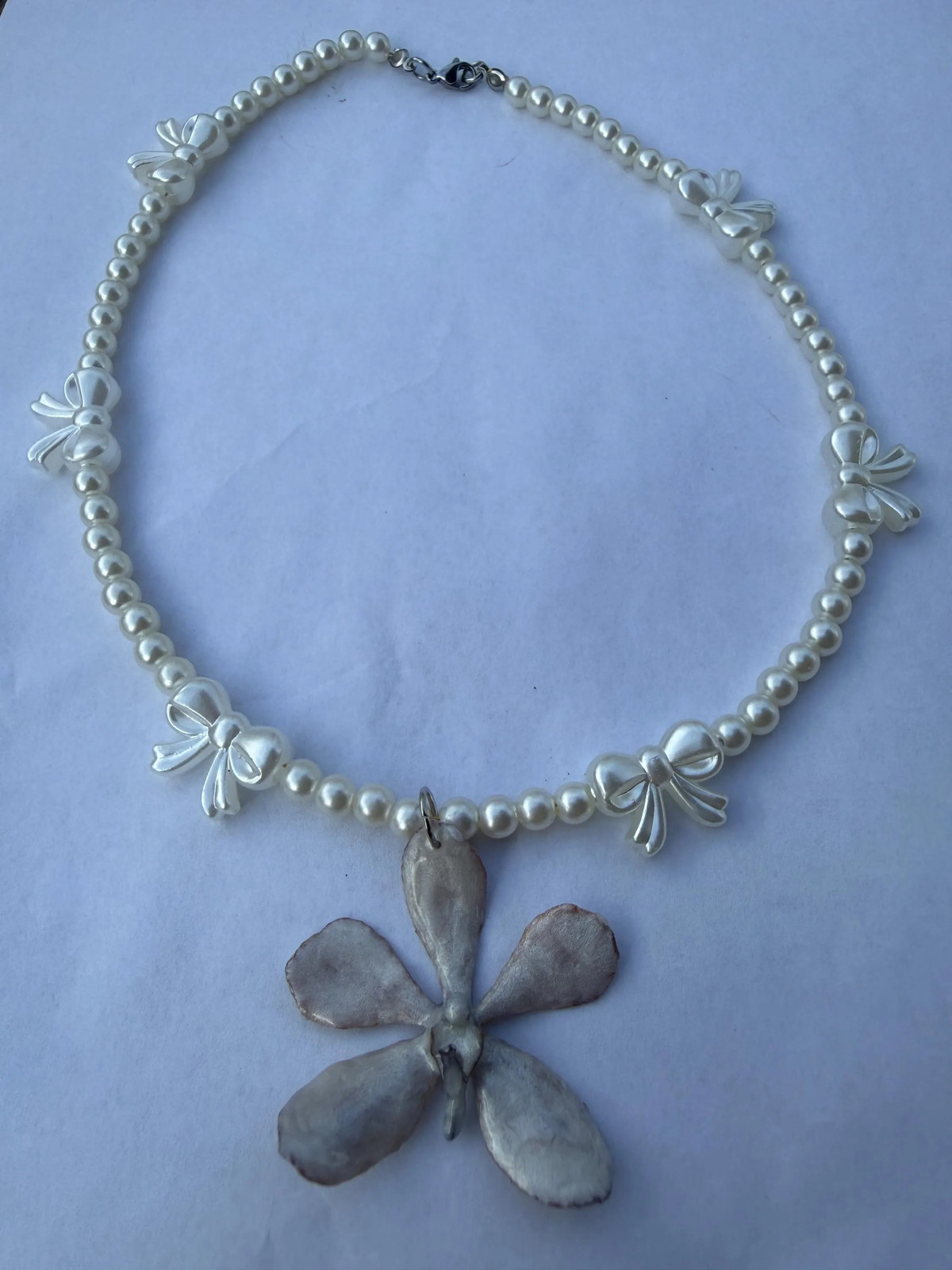 Silver Gray Orchid Pearl Necklace | Real Resin Flower Pendant | Coquette Bow