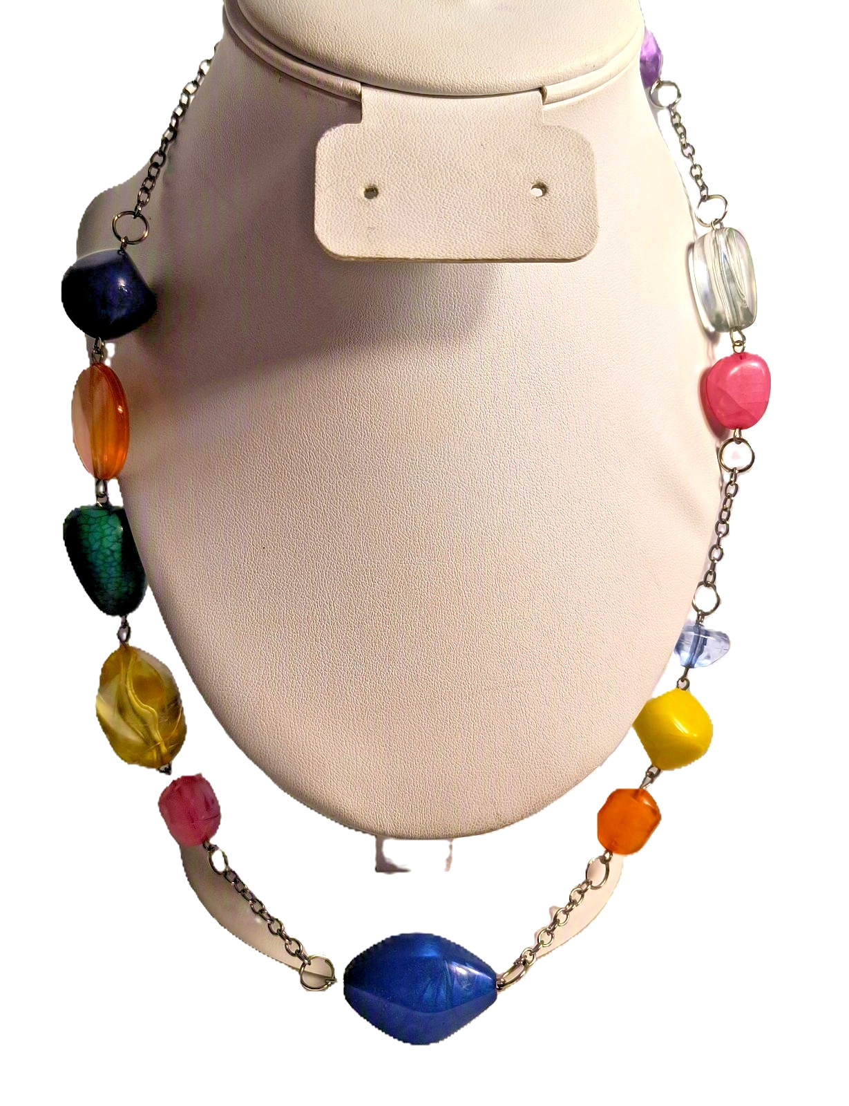 Multicolor Acrylic Beaded Statement Necklace Silvertone Chain