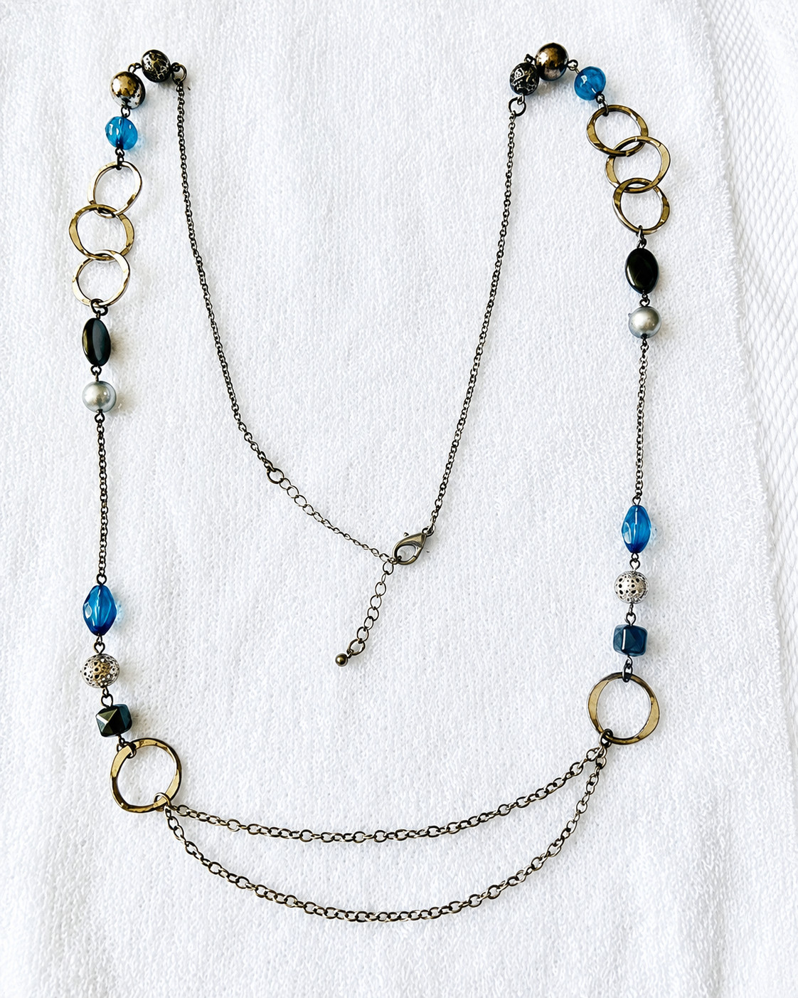 Blue Black Beaded Mixed Metal Long Station Double Chain Necklace 40″