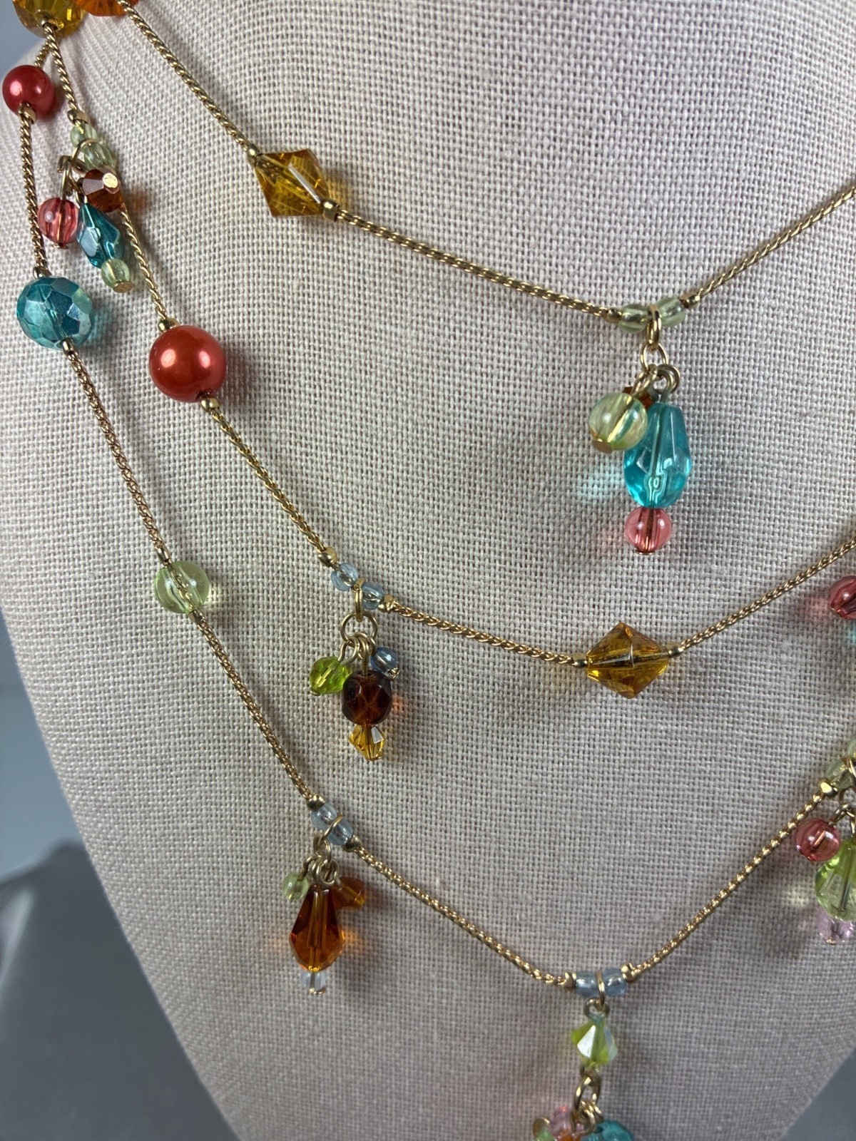 Premier Designs Triple Strand Beaded Necklace Colorful Crystal Look Beads Gold T