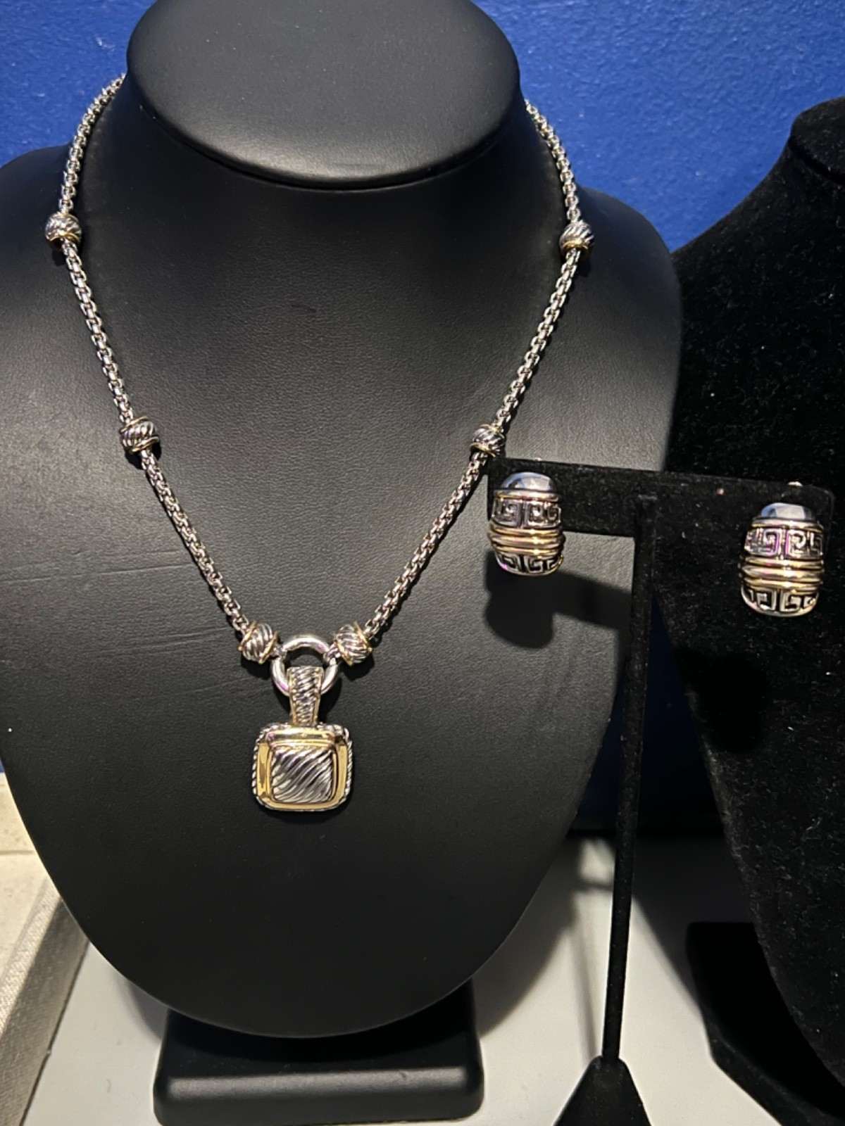 Silver and Gold-tone Chunky Square Pendant on Rolo Chain Necklace w/ Earrings